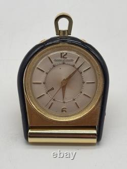 Montre de voyage Jaeger-LeCoultre vintage dorée et bleue fonctionnelle attache