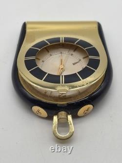 Montre de voyage Jaeger-LeCoultre vintage dorée et bleue fonctionnelle attache